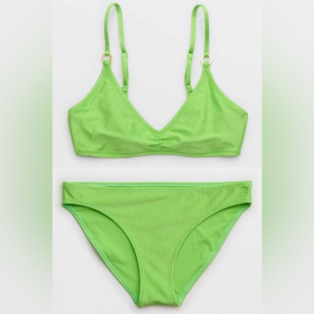NWT Aerie FULL SET Beach Babe Shine Rib Voop + Full Coverage Bottom Lime Green S